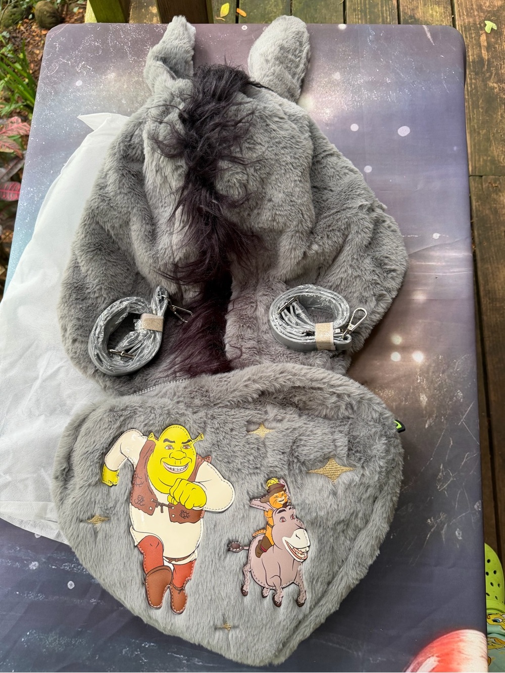 Dolls Kill X Shrek collab Gray Plush Donkey Hooded backpack